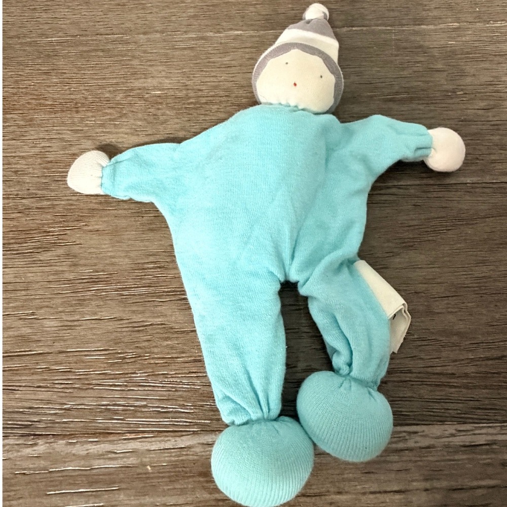 Under the Nile Organic Cotton Scrappy Buddy Teal Blue Striped Hat Baby Lovey 8"